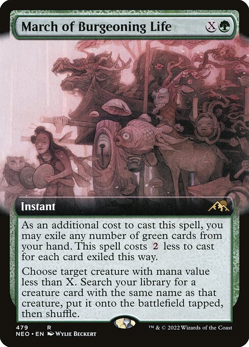As an additional cost to cast this spell, you may exile any number of green cards from your hand. This spell costs {2} less to cast for each card exiled this way.
Choose target creature with mana value less than X. Search your library for a creature card with the same name as that creature, put it onto the battlefield tapped, then shuffle.