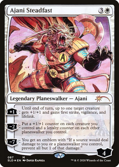 +1: Until end of turn, up to one target creature gets +1/+1 and gains first strike, vigilance, and lifelink.
−2: Put a +1/+1 counter on each creature you control and a loyalty counter on each other planeswalker you control.
−7: You get an emblem with "If a source would deal damage to you or a planeswalker you control, prevent all but 1 of that damage."