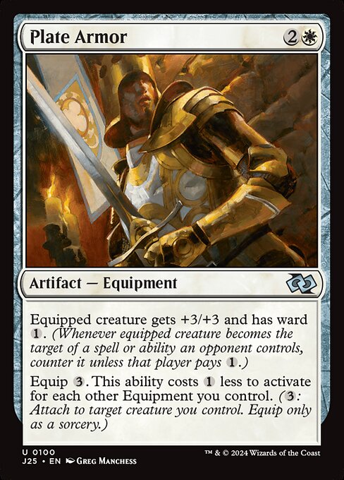 Equipped creature gets +3/+3 and has ward {1}. (Whenever equipped creature becomes the target of a spell or ability an opponent controls, counter it unless that player pays {1}.)
Equip {3}. This ability costs {1} less to activate for each other Equipment you control. ({3}: Attach to target creature you control. Equip only as a sorcery.)