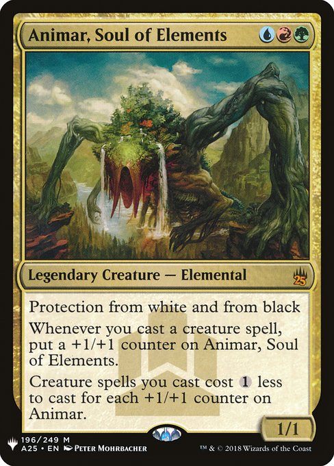 Protection from white and from black
Whenever you cast a creature spell, put a +1/+1 counter on Animar, Soul of Elements.
Creature spells you cast cost {1} less to cast for each +1/+1 counter on Animar.