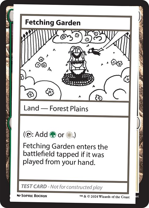 ({T}: Add {G} or {W}.)
Fetching Garden enters the battlefield tapped if it was played from your hand.