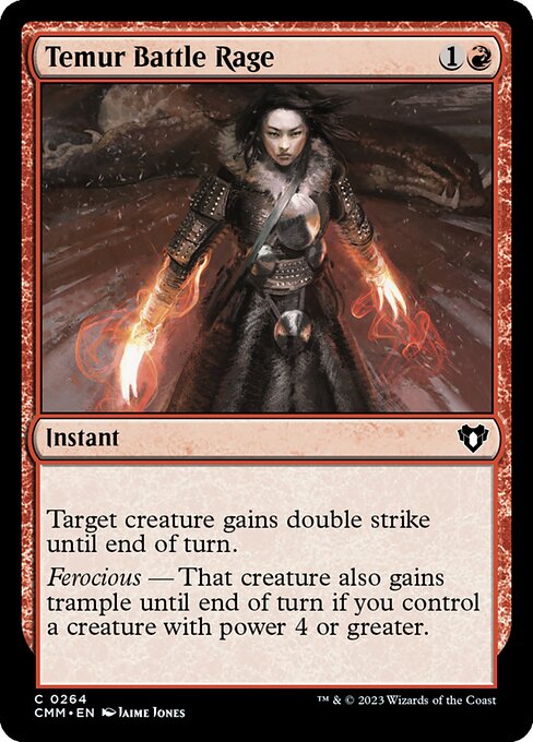 Target creature gains double strike until end of turn.
Ferocious — That creature also gains trample until end of turn if you control a creature with power 4 or greater.