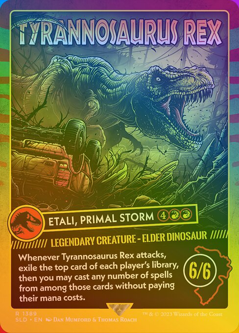 Whenever Etali, Primal Storm attacks, exile the top card of each player's library, then you may cast any number of spells from among those cards without paying their mana costs.