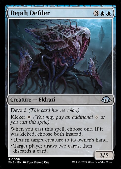 Devoid (This card has no color.)
Kicker {C} (You may pay an additional {C} as you cast this spell.)
When you cast this spell, choose one. If it was kicked, choose both instead.
• Return target creature to its owner's hand.
• Target player draws two cards, then discards a card.