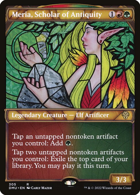 Tap an untapped nontoken artifact you control: Add {G}.
Tap two untapped nontoken artifacts you control: Exile the top card of your library. You may play it this turn.