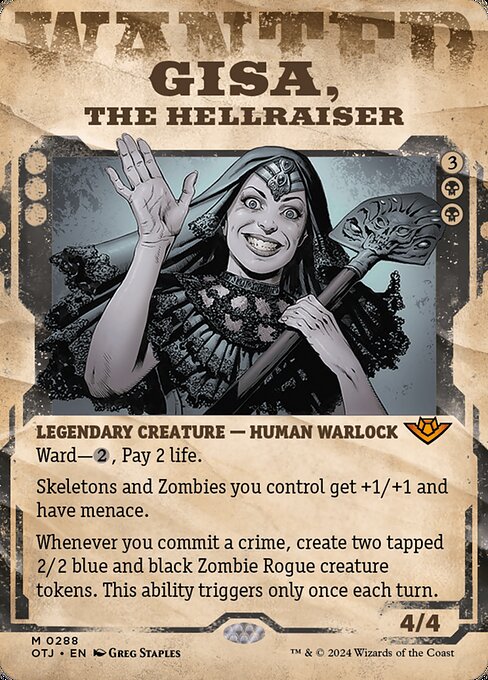 Ward—{2}, Pay 2 life.
Skeletons and Zombies you control get +1/+1 and have menace.
Whenever you commit a crime, create two tapped 2/2 blue and black Zombie Rogue creature tokens. This ability triggers only once each turn. (Targeting opponents, anything they control, and/or cards in their graveyards is a crime.)