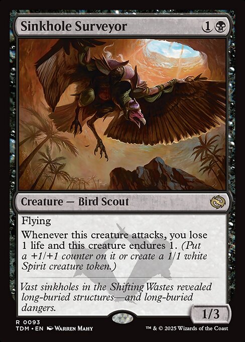 Flying
Whenever this creature attacks, you lose 1 life and this creature endures 1. (Put a +1/+1 counter on it or create a 1/1 white Spirit creature token.)
