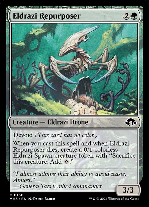 Devoid (This card has no color.)
When you cast this spell and when Eldrazi Repurposer dies, create a 0/1 colorless Eldrazi Spawn creature token with "Sacrifice this creature: Add {C}."