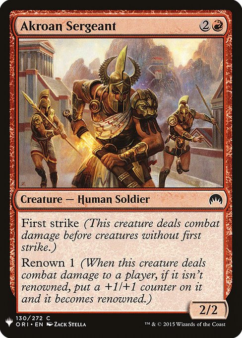 First strike (This creature deals combat damage before creatures without first strike.)
Renown 1 (When this creature deals combat damage to a player, if it isn't renowned, put a +1/+1 counter on it and it becomes renowned.)