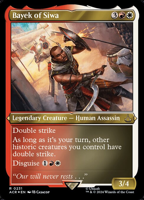 Double strike
As long as it's your turn, other historic creatures you control have double strike.
Disguise {1}{R}{W} (You may cast this card face down for {3} as a 2/2 creature with ward {2}. Turn it face up any time for its disguise cost.)