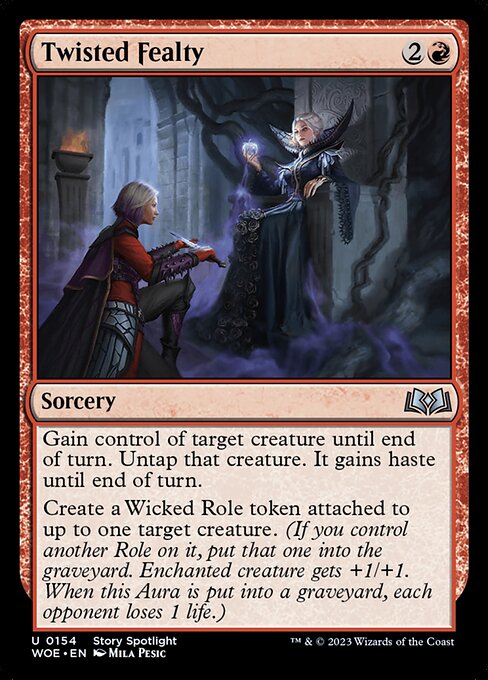 Gain control of target creature until end of turn. Untap that creature. It gains haste until end of turn.
Create a Wicked Role token attached to up to one target creature. (If you control another Role on it, put that one into the graveyard. Enchanted creature gets +1/+1. When this Aura is put into a graveyard, each opponent loses 1 life.)