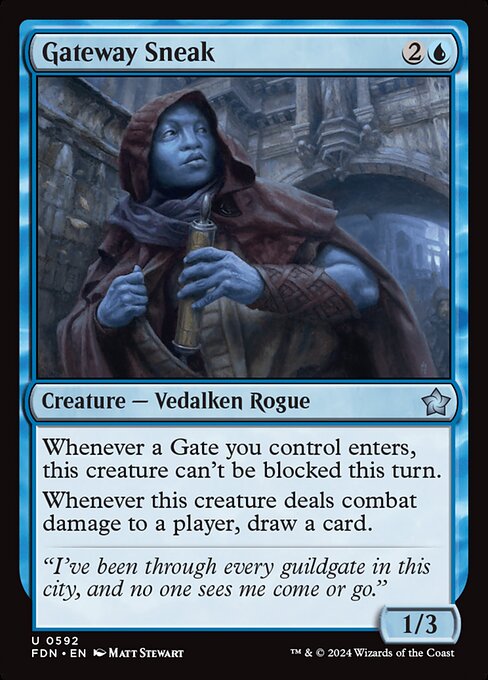 Whenever a Gate you control enters, this creature can't be blocked this turn.
Whenever this creature deals combat damage to a player, draw a card.