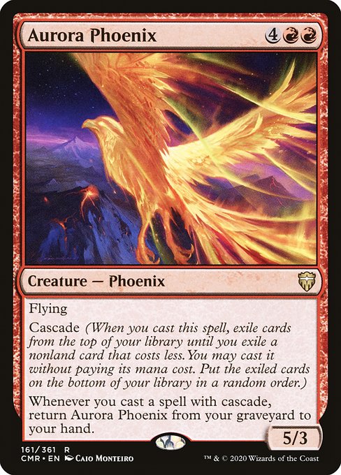 Flying
Cascade (When you cast this spell, exile cards from the top of your library until you exile a nonland card that costs less. You may cast it without paying its mana cost. Put the exiled cards on the bottom of your library in a random order.)
Whenever you cast a spell with cascade, return Aurora Phoenix from your graveyard to your hand.