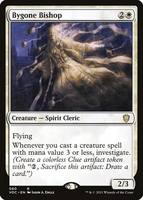 Flying
Whenever you cast a creature spell with mana value 3 or less, investigate. (Create a Clue token. It's an artifact with "{2}, Sacrifice this artifact: Draw a card.")