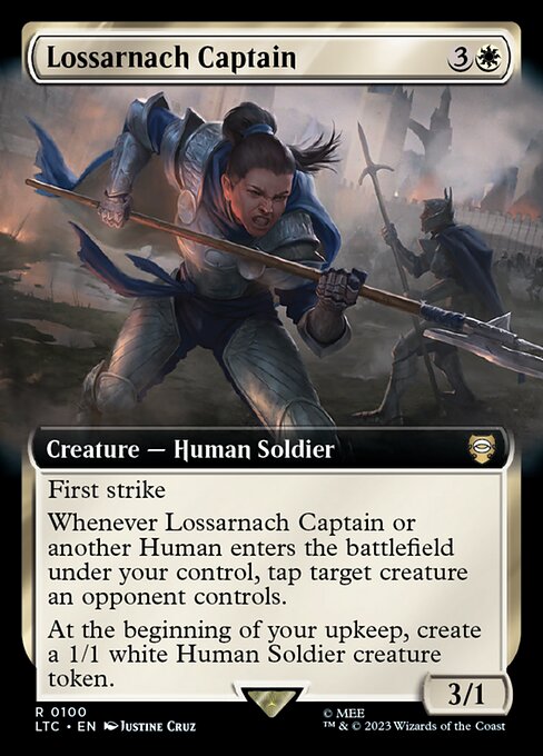 First strike
Whenever Lossarnach Captain or another Human enters the battlefield under your control, tap target creature an opponent controls.
At the beginning of your upkeep, create a 1/1 white Human Soldier creature token.