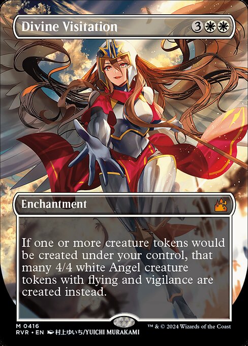 If one or more creature tokens would be created under your control, that many 4/4 white Angel creature tokens with flying and vigilance are created instead.