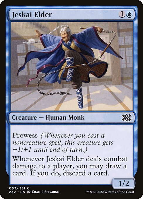 Prowess (Whenever you cast a noncreature spell, this creature gets +1/+1 until end of turn.)
Whenever Jeskai Elder deals combat damage to a player, you may draw a card. If you do, discard a card.