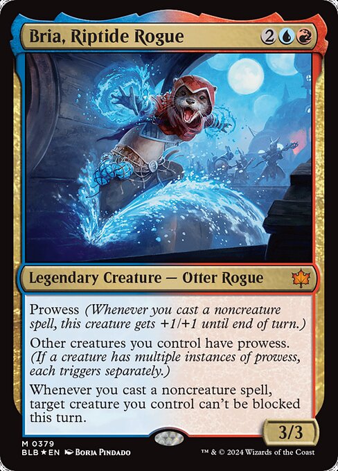 Prowess (Whenever you cast a noncreature spell, this creature gets +1/+1 until end of turn.)
Other creatures you control have prowess. (If a creature has multiple instances of prowess, each triggers separately.)
Whenever you cast a noncreature spell, target creature you control can't be blocked this turn.