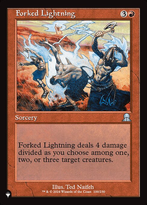 Forked Lightning deals 4 damage divided as you choose among one, two, or three target creatures.