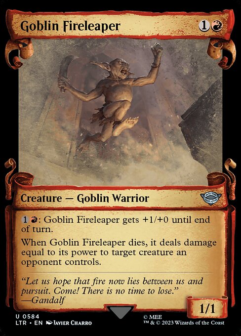 {1}{R}: Goblin Fireleaper gets +1/+0 until end of turn.
When Goblin Fireleaper dies, it deals damage equal to its power to target creature an opponent controls.