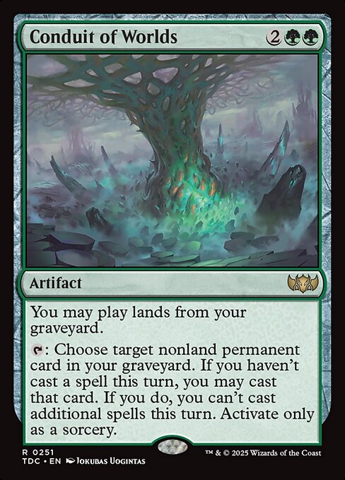 You may play lands from your graveyard.
{T}: Choose target nonland permanent card in your graveyard. If you haven't cast a spell this turn, you may cast that card. If you do, you can't cast additional spells this turn. Activate only as a sorcery.