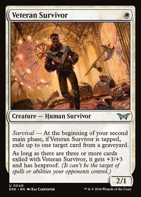 Survival — At the beginning of your second main phase, if Veteran Survivor is tapped, exile up to one target card from a graveyard.
As long as there are three or more cards exiled with Veteran Survivor, it gets +3/+3 and has hexproof. (It can't be the target of spells or abilities your opponents control.)