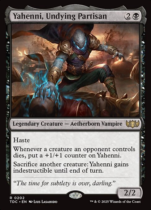 Haste
Whenever a creature an opponent controls dies, put a +1/+1 counter on Yahenni.
Sacrifice another creature: Yahenni gains indestructible until end of turn.