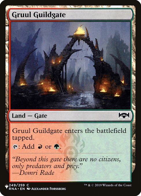 This land enters tapped.
{T}: Add {R} or {G}.