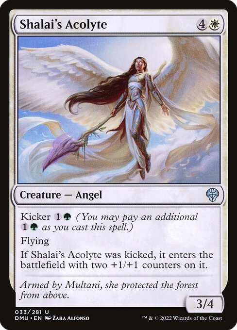 Kicker {1}{G} (You may pay an additional {1}{G} as you cast this spell.)
Flying
If Shalai's Acolyte was kicked, it enters the battlefield with two +1/+1 counters on it.