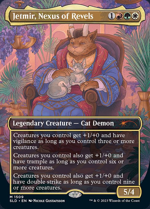 Creatures you control get +1/+0 and have vigilance as long as you control three or more creatures.
Creatures you control also get +1/+0 and have trample as long as you control six or more creatures.
Creatures you control also get +1/+0 and have double strike as long as you control nine or more creatures.   Creatures you control get +1/+0 and have vigilance as long as you control three or more creatures.
Creatures you control also get +1/+0 and have trample as long as you control six or more crea