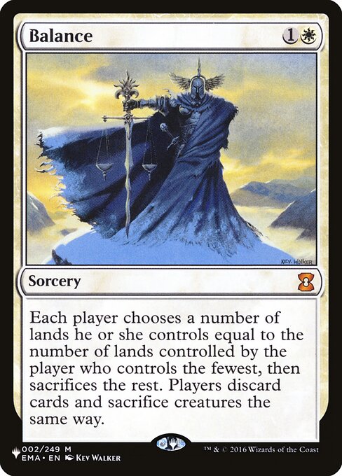 Each player chooses a number of lands they control equal to the number of lands controlled by the player who controls the fewest, then sacrifices the rest. Players discard cards and sacrifice creatures the same way.