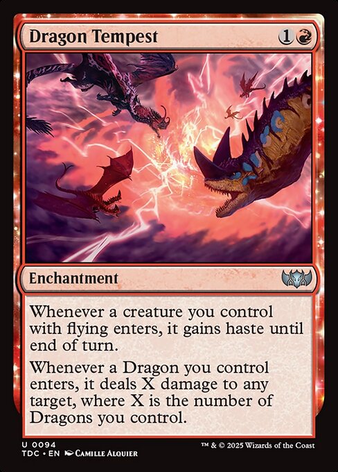 Whenever a creature you control with flying enters, it gains haste until end of turn.
Whenever a Dragon you control enters, it deals X damage to any target, where X is the number of Dragons you control.