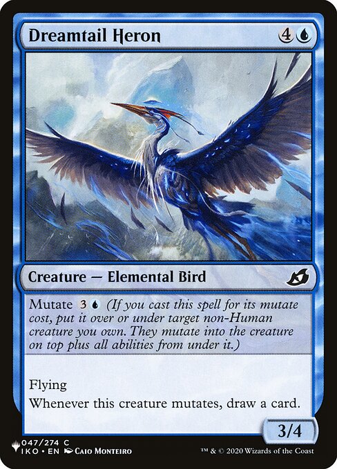 Mutate {3}{U} (If you cast this spell for its mutate cost, put it over or under target non-Human creature you own. They mutate into the creature on top plus all abilities from under it.)
Flying
Whenever this creature mutates, draw a card.