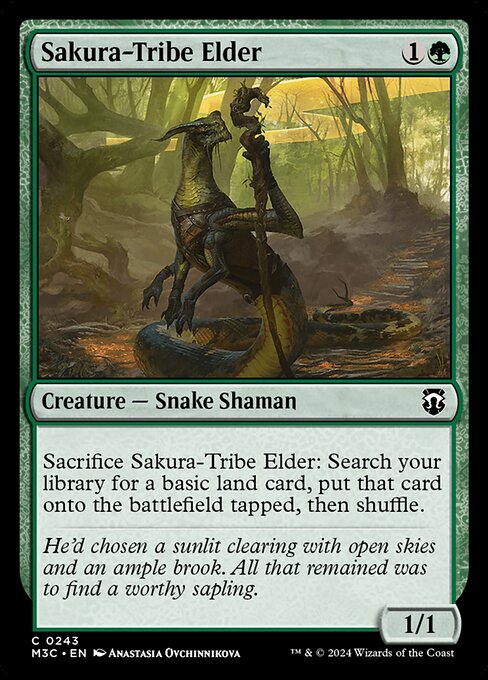 Sacrifice Sakura-Tribe Elder: Search your library for a basic land card, put that card onto the battlefield tapped, then shuffle.