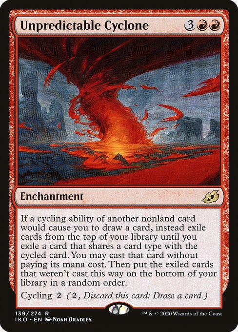 If a cycling ability of another nonland card would cause you to draw a card, instead exile cards from the top of your library until you exile a card that shares a card type with the cycled card. You may cast that card without paying its mana cost. Then put the exiled cards that weren't cast this way on the bottom of your library in a random order.
Cycling {2} ({2}, Discard this card: Draw a card.)