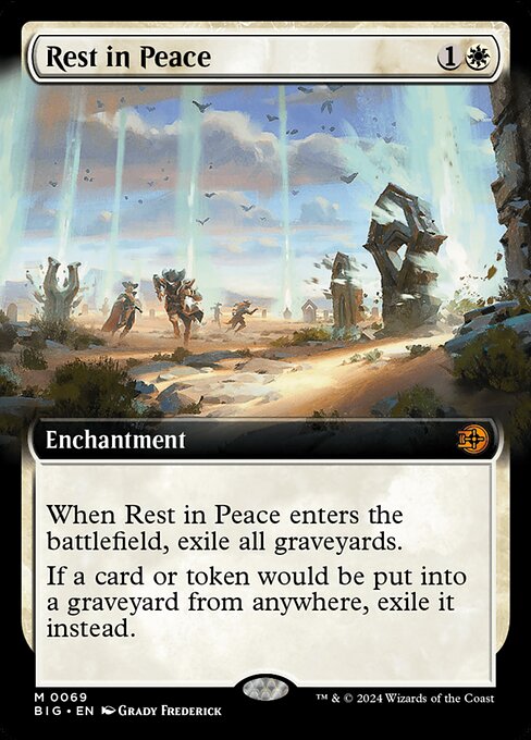 When Rest in Peace enters the battlefield, exile all graveyards.
If a card or token would be put into a graveyard from anywhere, exile it instead.