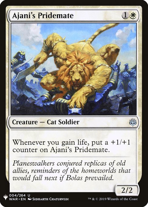 Whenever you gain life, put a +1/+1 counter on Ajani's Pridemate.