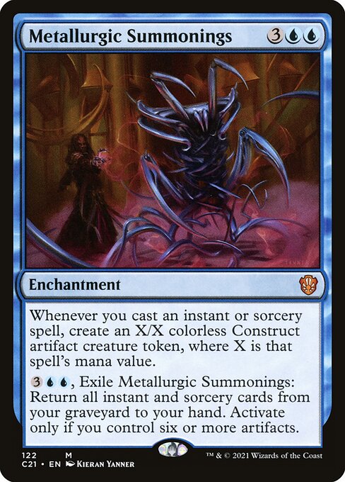 Whenever you cast an instant or sorcery spell, create an X/X colorless Construct artifact creature token, where X is that spell's mana value.
{3}{U}{U}, Exile Metallurgic Summonings: Return all instant and sorcery cards from your graveyard to your hand. Activate only if you control six or more artifacts.