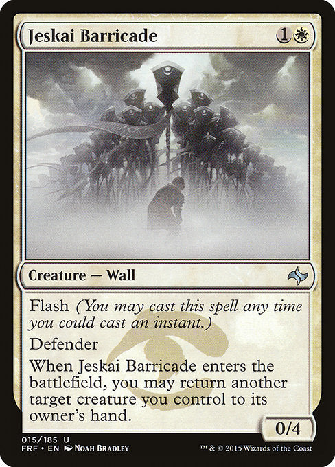 Flash (You may cast this spell any time you could cast an instant.)
Defender
When Jeskai Barricade enters the battlefield, you may return another target creature you control to its owner's hand.