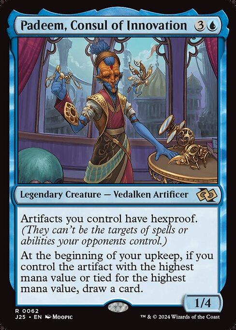 Artifacts you control have hexproof. (They can't be the targets of spells or abilities your opponents control.)
At the beginning of your upkeep, if you control the artifact with the highest mana value or tied for the highest mana value, draw a card.