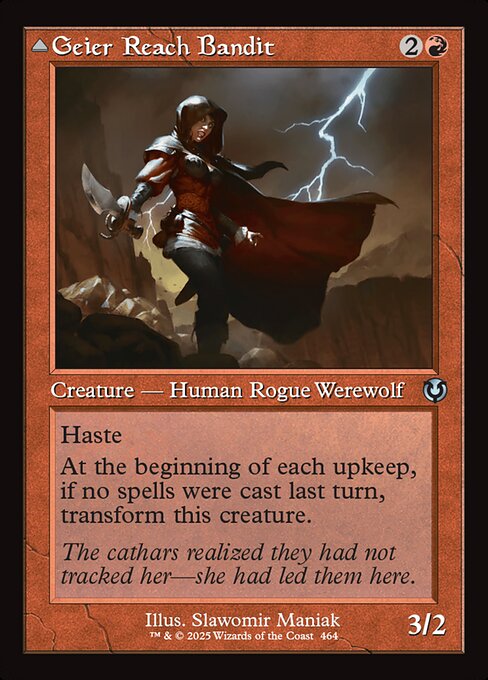 Haste
At the beginning of each upkeep, if no spells were cast last turn, transform Geier Reach Bandit.   Whenever a Werewolf you control enters, you may transform it.
At the beginning of each upkeep, if a player cast two or more spells last turn, transform Vildin-Pack Alpha.