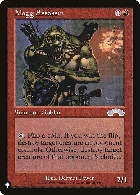 {T}: You choose target creature an opponent controls, and that opponent chooses target creature. Flip a coin. If you win the flip, destroy the creature you chose. If you lose the flip, destroy the creature your opponent chose.