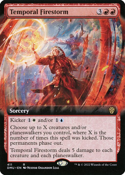 Kicker {1}{W} and/or {1}{U} (You may pay an additional {1}{W} and/or {1}{U} as you cast this spell.)
Choose up to X creatures and/or planeswalkers you control, where X is the number of times this spell was kicked. Those permanents phase out.
Temporal Firestorm deals 5 damage to each creature and each planeswalker.
