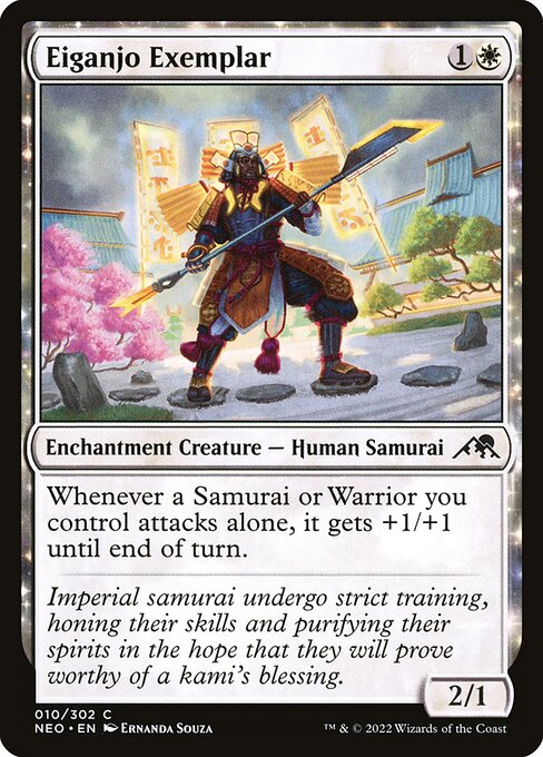 Whenever a Samurai or Warrior you control attacks alone, it gets +1/+1 until end of turn.