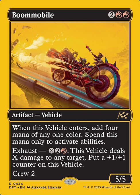When this Vehicle enters, add four mana of any one color. Spend this mana only to activate abilities.
Exhaust — {X}{2}{R}: This Vehicle deals X damage to any target. Put a +1/+1 counter on this Vehicle. (Activate each exhaust ability only once.)
Crew 2