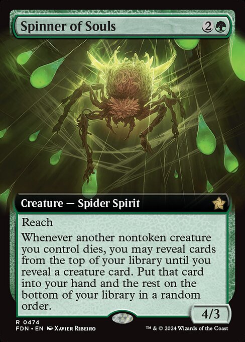 Reach
Whenever another nontoken creature you control dies, you may reveal cards from the top of your library until you reveal a creature card. Put that card into your hand and the rest on the bottom of your library in a random order.
