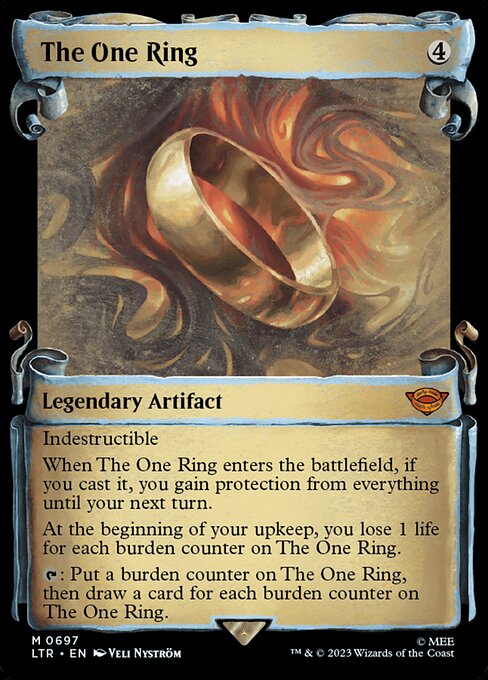 Indestructible
When The One Ring enters the battlefield, if you cast it, you gain protection from everything until your next turn.
At the beginning of your upkeep, you lose 1 life for each burden counter on The One Ring.
{T}: Put a burden counter on The One Ring, then draw a card for each burden counter on The One Ring.