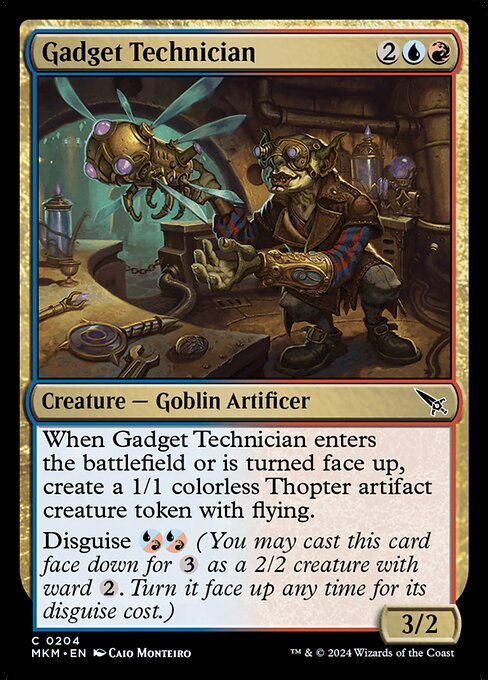 When Gadget Technician enters the battlefield or is turned face up, create a 1/1 colorless Thopter artifact creature token with flying.
Disguise {U/R}{U/R} (You may cast this card face down for {3} as a 2/2 creature with ward {2}. Turn it face up any time for its disguise cost.)