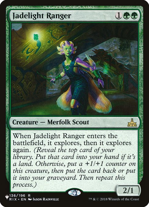 When Jadelight Ranger enters the battlefield, it explores, then it explores again. (Reveal the top card of your library. Put that card into your hand if it's a land. Otherwise, put a +1/+1 counter on this creature, then put the card back or put it into your graveyard. Then repeat this process.)