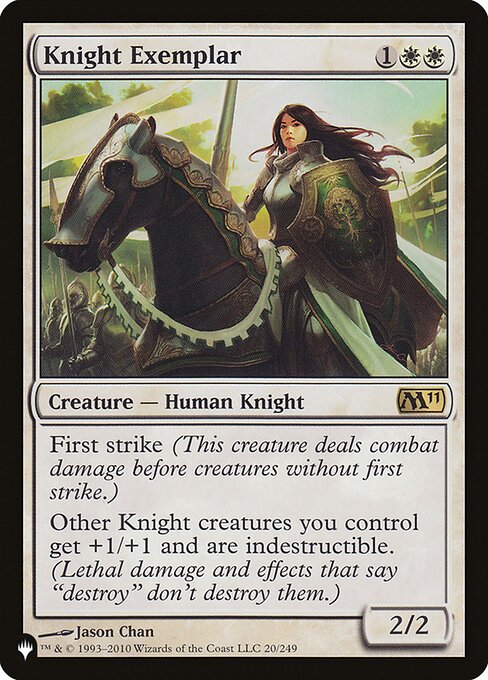 First strike (This creature deals combat damage before creatures without first strike.)
Other Knight creatures you control get +1/+1 and have indestructible. (Damage and effects that say "destroy" don't destroy them.)